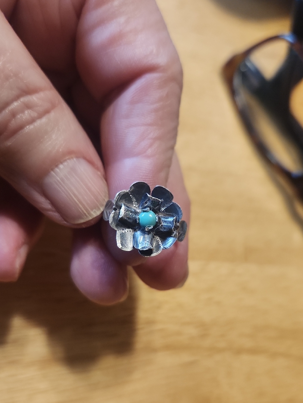 Sterling Silver Floral Ring with Turquoise Center - Women Jewelry